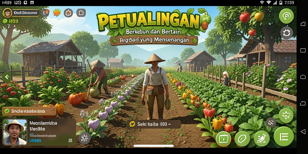 Gameplay HR89 menunjukkan kebun dengan beragam tanaman yang subur.
